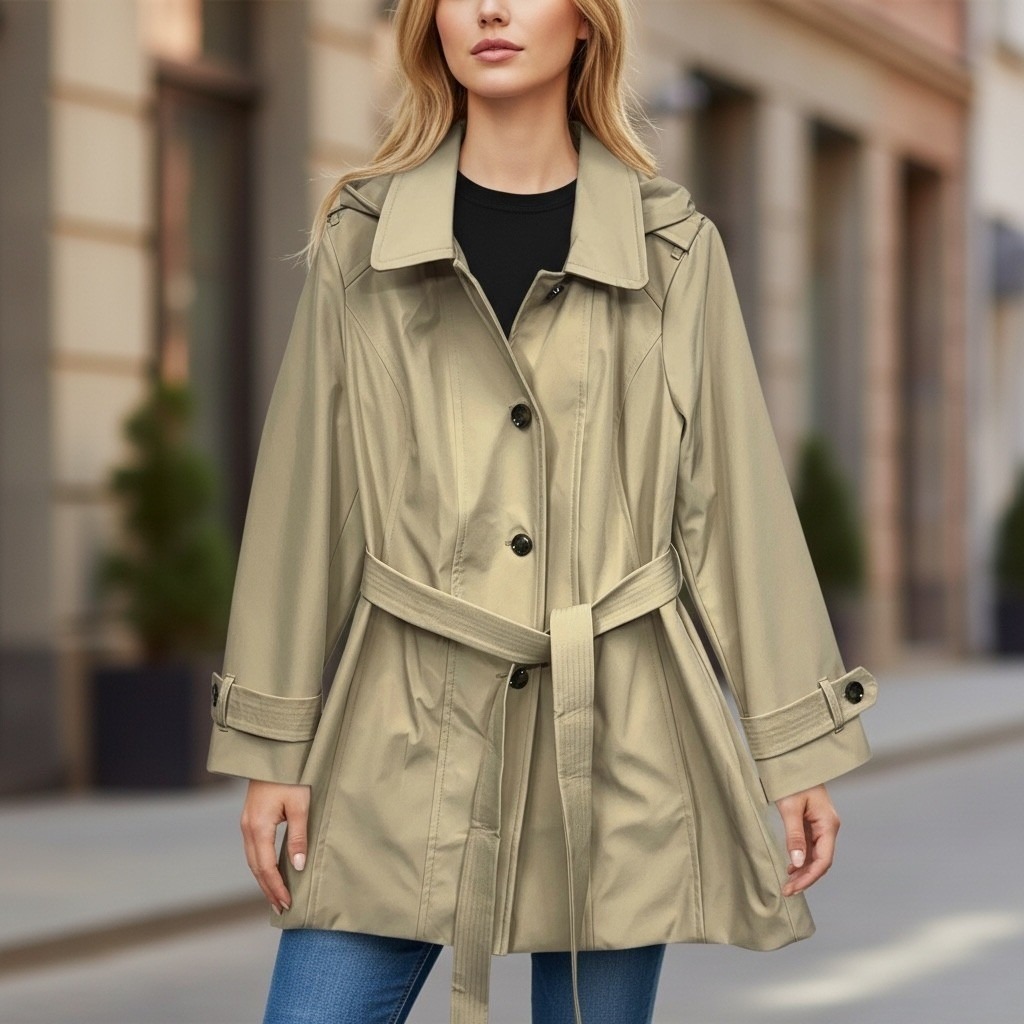 London Fog Hooded Trench Coat Belted Khaki Womens Xlarge Quiet Luxury Neutral